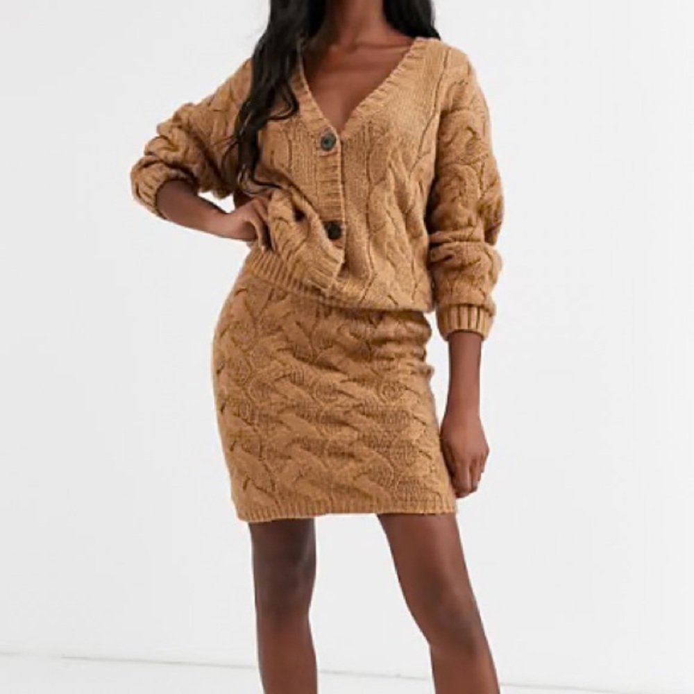 Missguided Cable Knit Sweater and Skirt Set in Tan